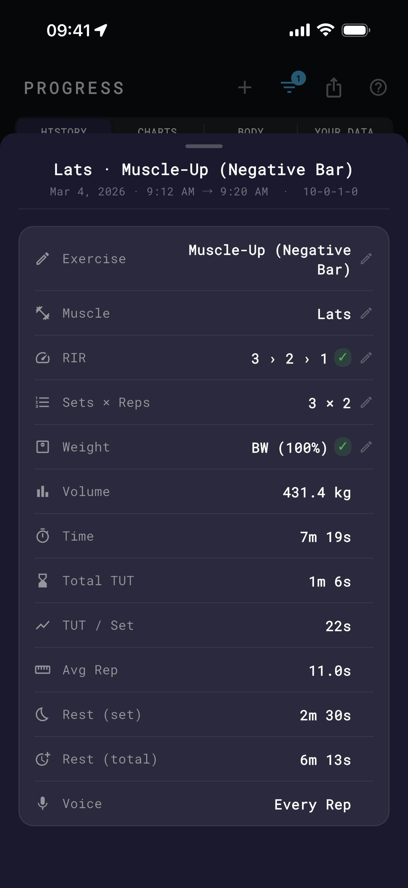 Repko app exercise detail screen showing Muscle-Up Negative with 10-0-1-0 tempo and TUT calculation