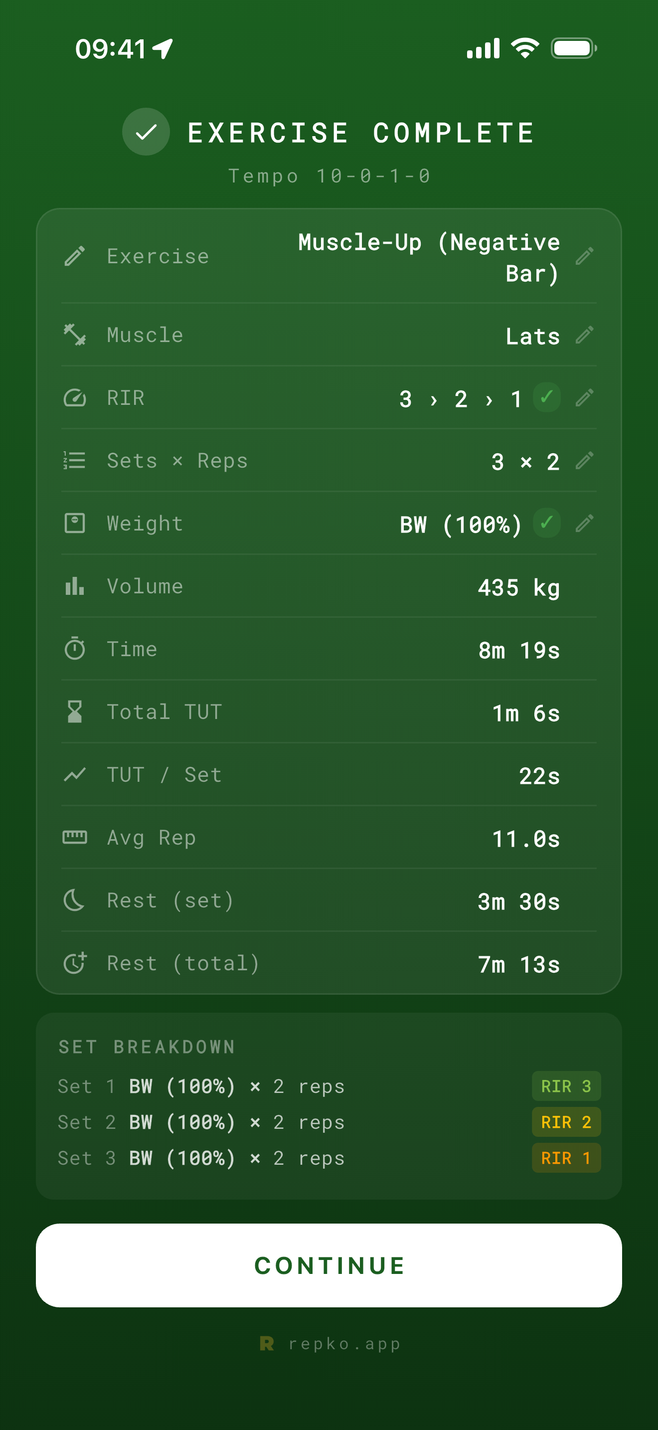Repko app showing Front Squat with 3-1-1-0 tempo and TUT calculation