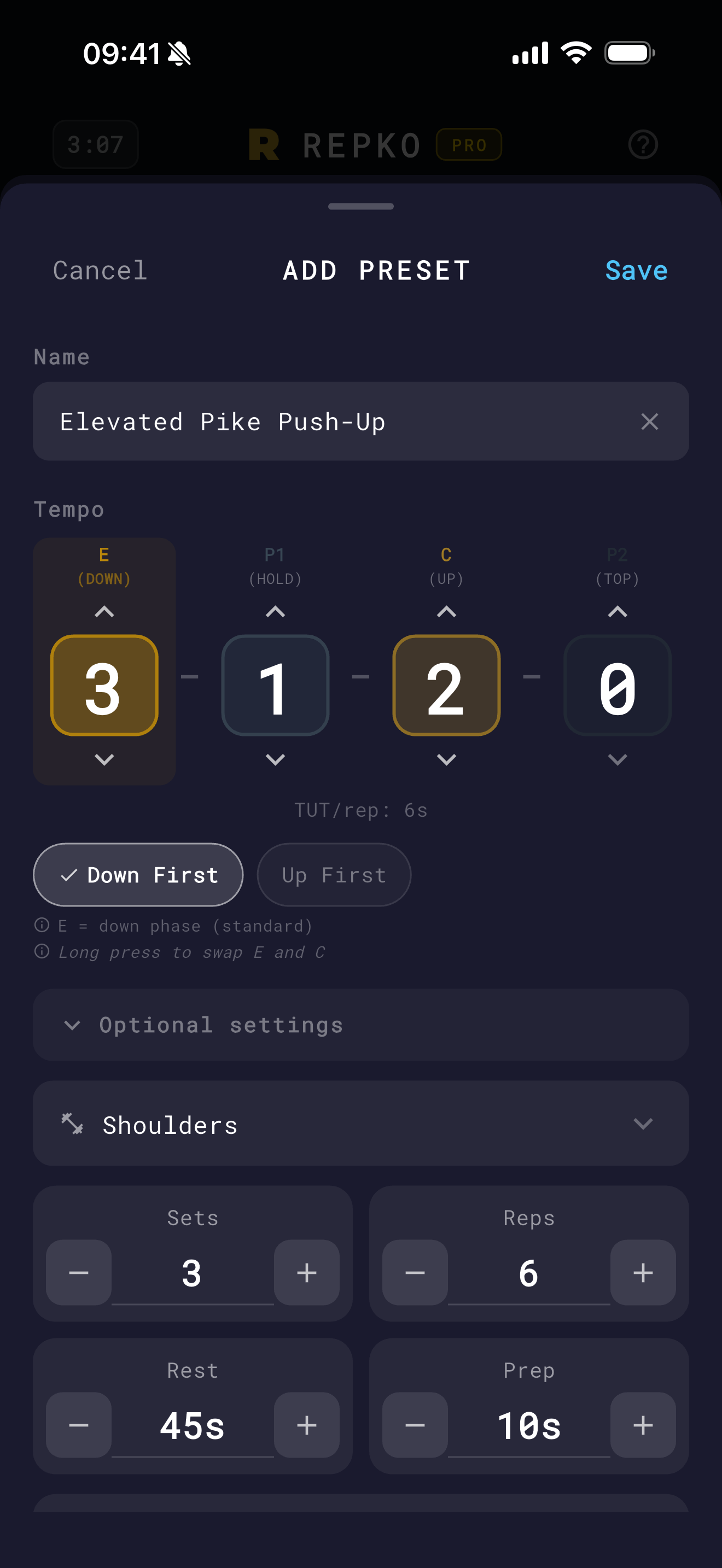 Repko exercise setup screen showing tempo, direction, and phase configuration