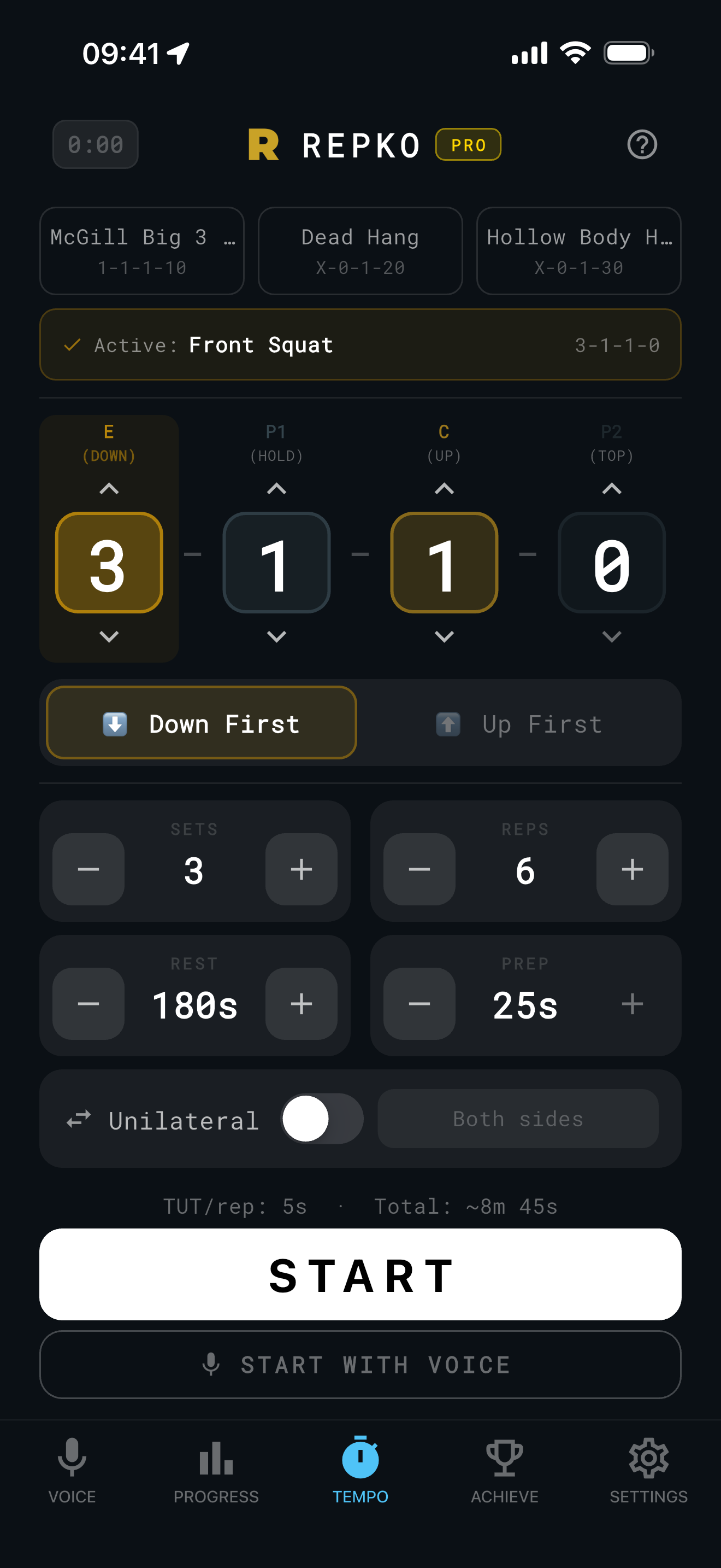 Repko app showing tempo setup with 3-1-1-0 notation, eccentric phase, pause, concentric, top pause