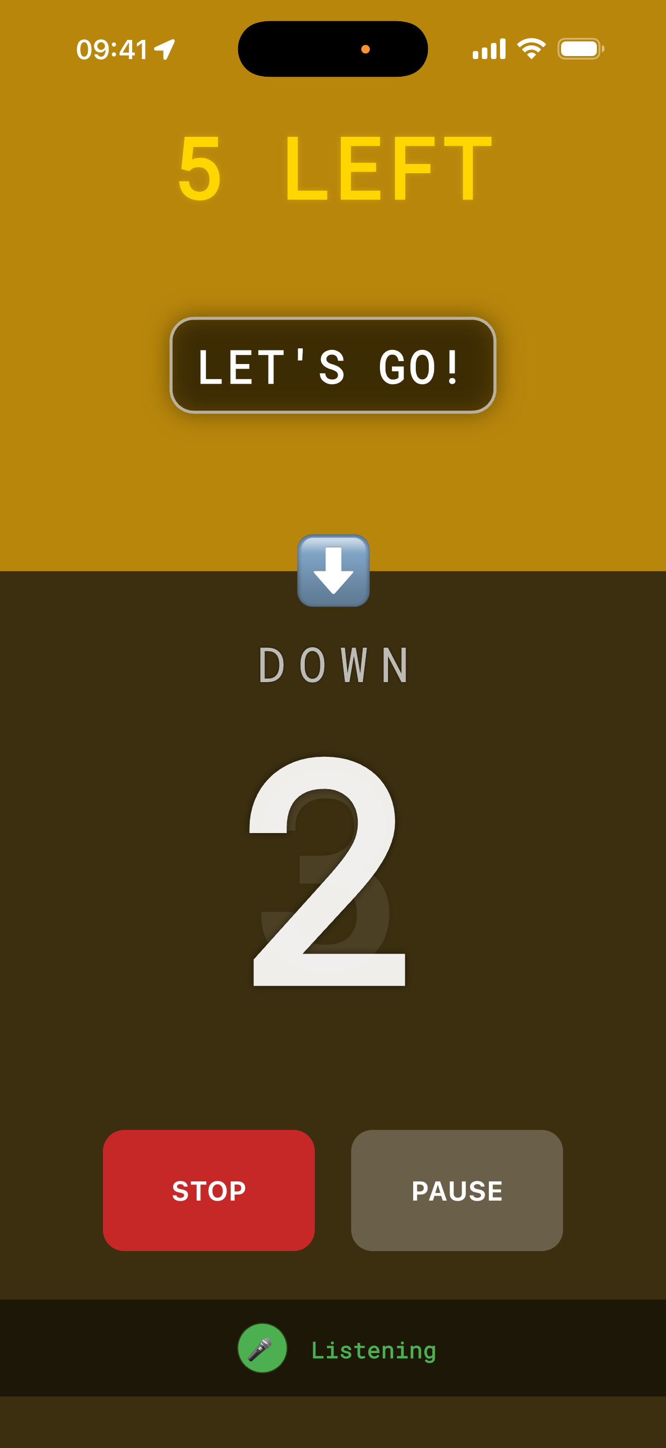 Repko app showing 'LET'S GO' voice cue at start of eccentric phase